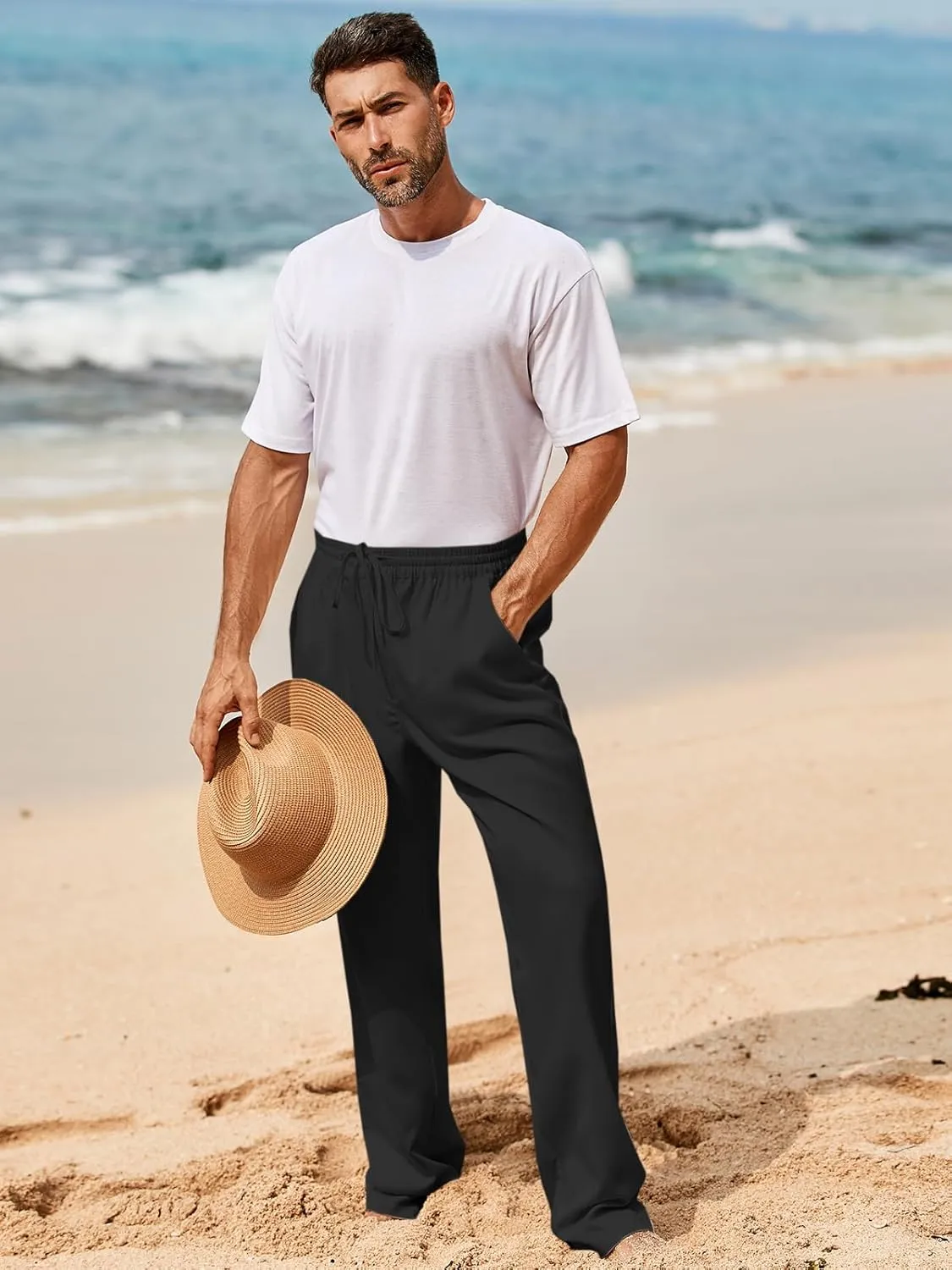 Makkrom Mens Casual Pants Drawstring Elastic Waist Lightweight Linen Pants Loose Fit Summer Beach Yoga Trousers