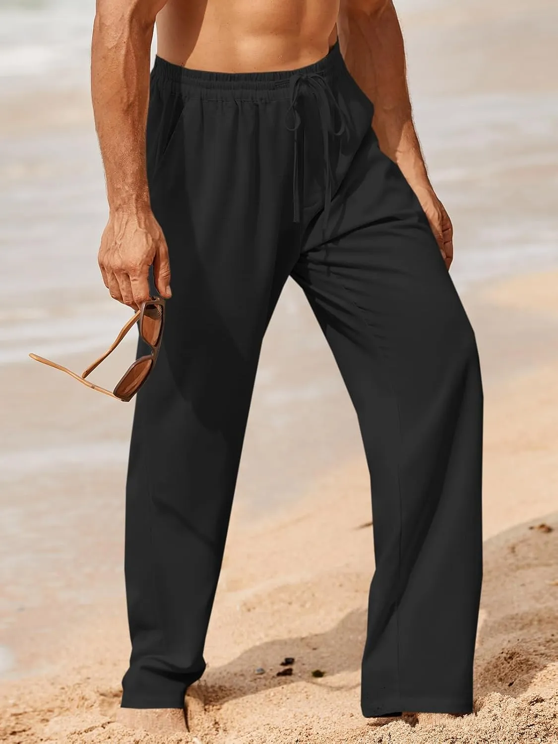 Makkrom Mens Casual Pants Drawstring Elastic Waist Lightweight Linen Pants Loose Fit Summer Beach Yoga Trousers