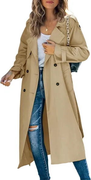 Makkrom Women's Double Breasted Long Trench Coat Windproof Classic Lapel Slim Overcoat with Belt