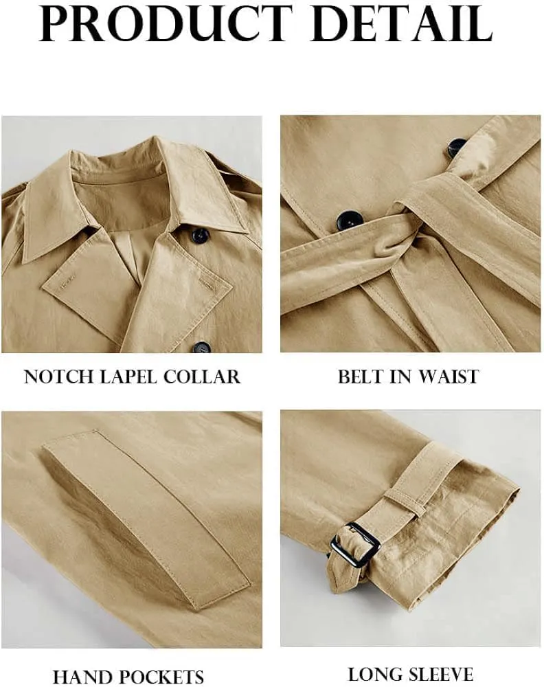 Makkrom Women's Double Breasted Long Trench Coat Windproof Classic Lapel Slim Overcoat with Belt