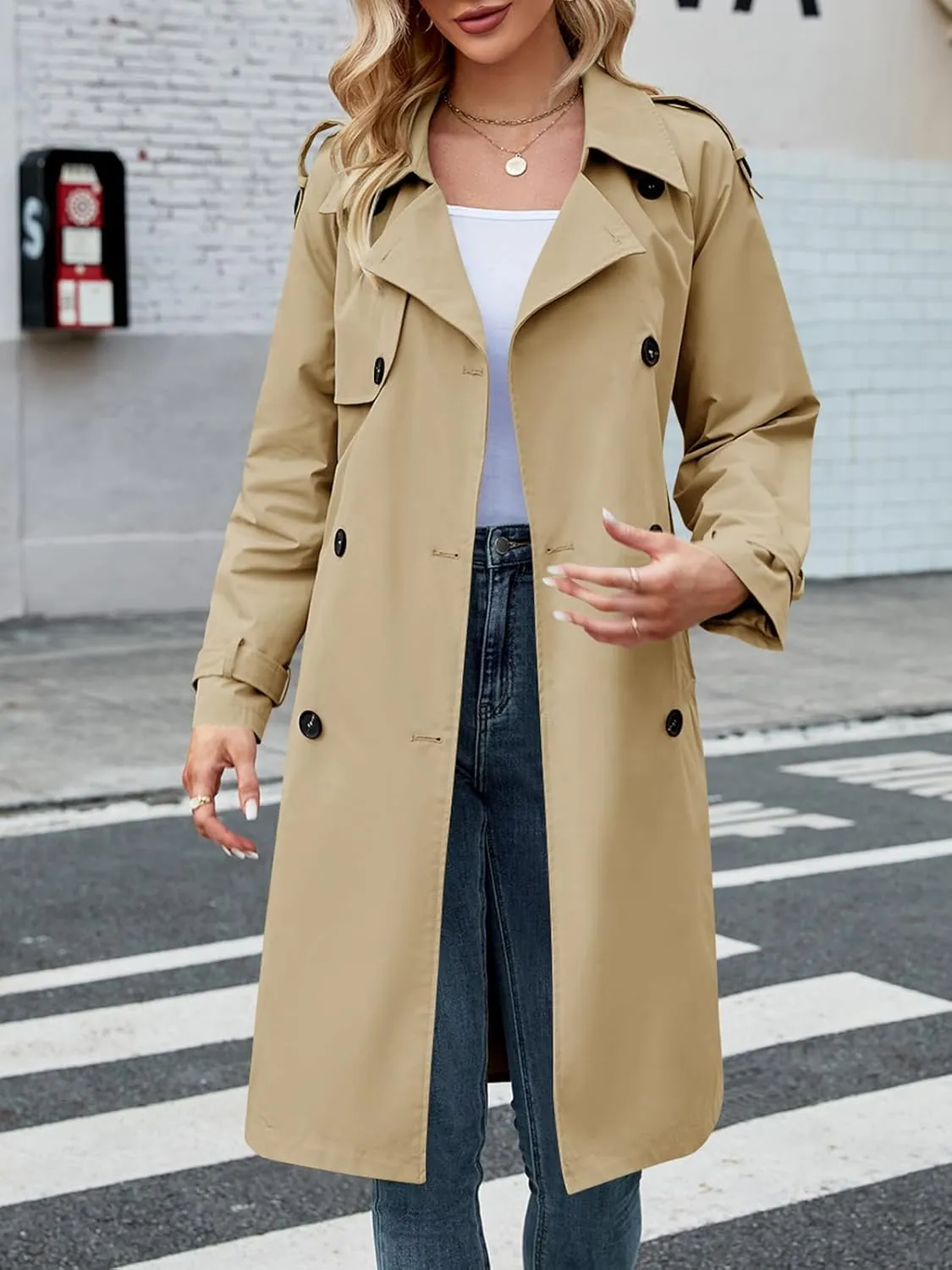 Makkrom Women's Double Breasted Long Trench Coat Windproof Classic Lapel Slim Overcoat with Belt