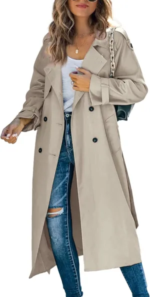Makkrom Women's Double Breasted Long Trench Coat Windproof Classic Lapel Slim Overcoat with Belt