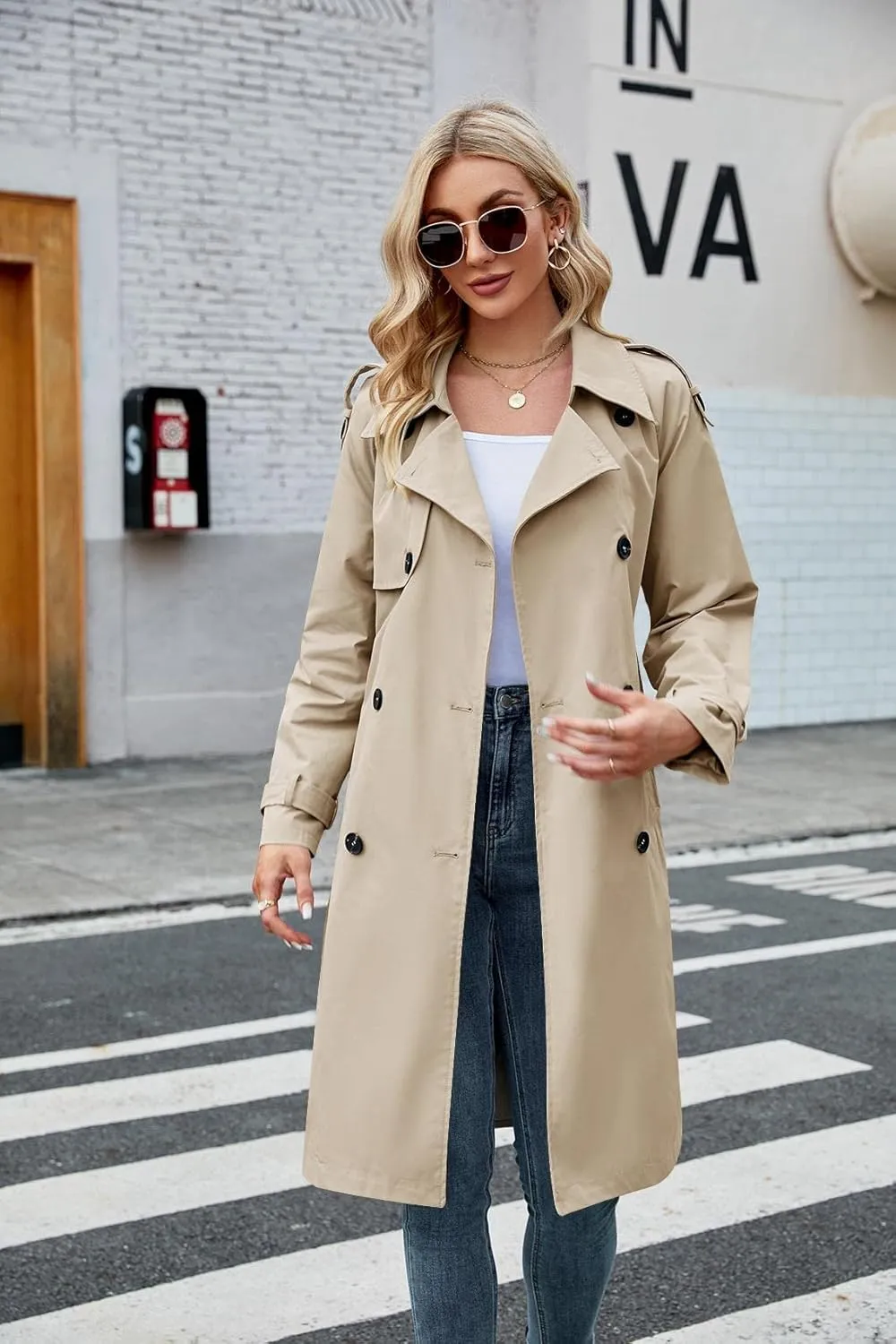 Makkrom Women's Double Breasted Long Trench Coat Windproof Classic Lapel Slim Overcoat with Belt