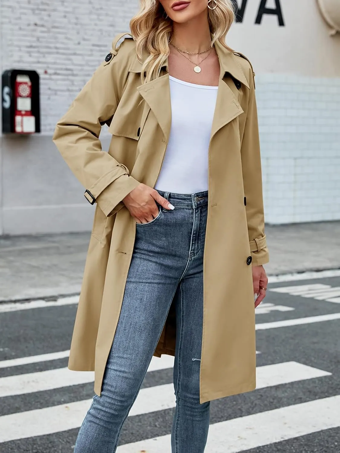 Makkrom Women's Double Breasted Long Trench Coat Windproof Classic Lapel Slim Overcoat with Belt