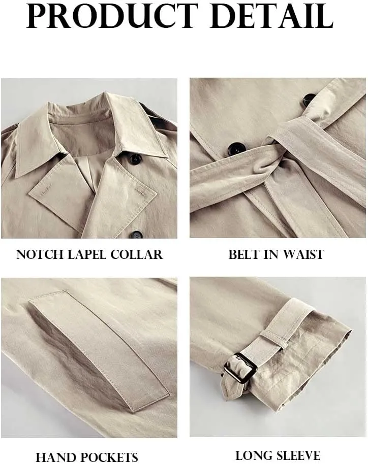 Makkrom Women's Double Breasted Long Trench Coat Windproof Classic Lapel Slim Overcoat with Belt