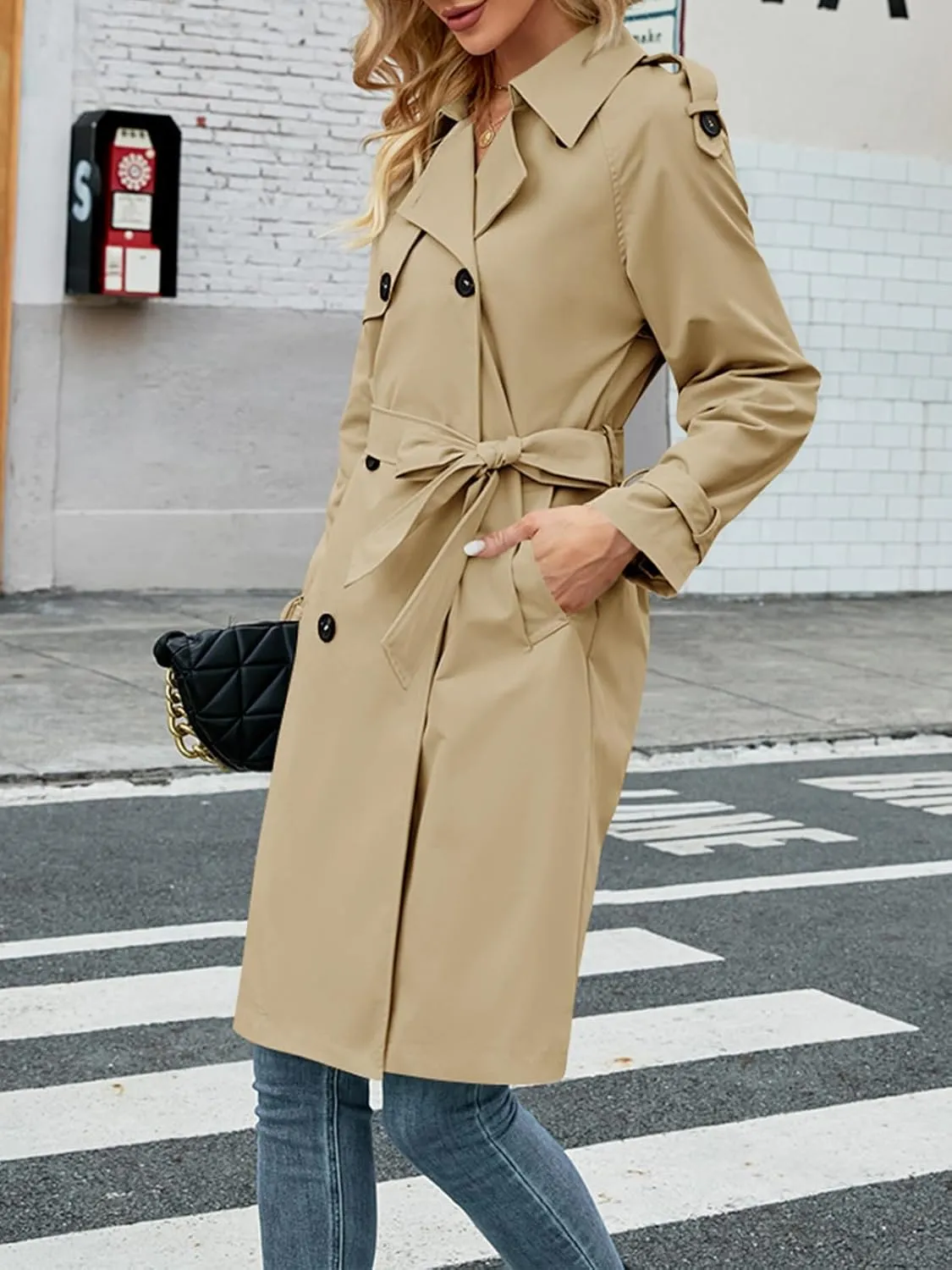 Makkrom Women's Double Breasted Long Trench Coat Windproof Classic Lapel Slim Overcoat with Belt