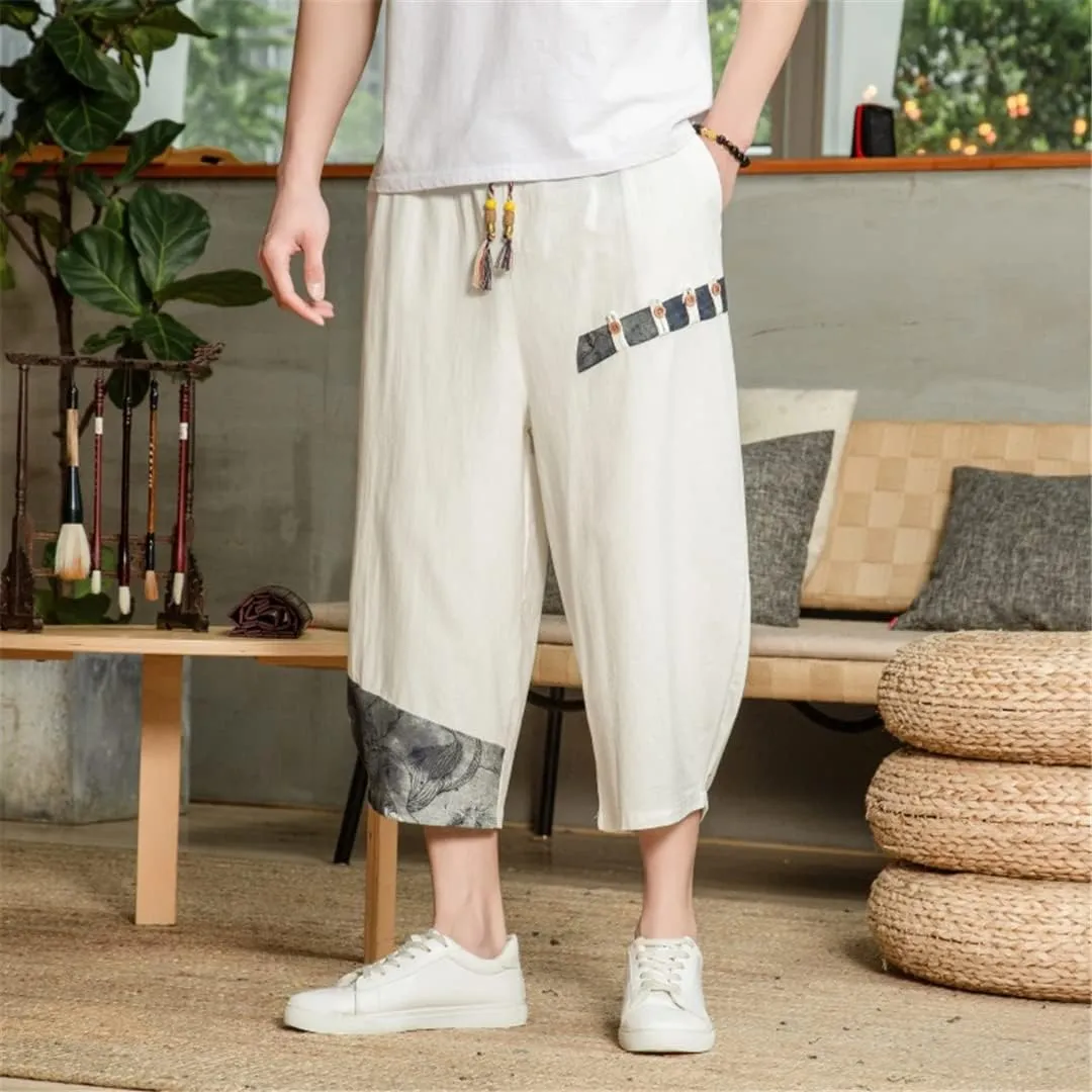 Man's Summer Baggy Trousers Harem Pants Cotton Linen Vintage Elastic Waist Casual Sweatpants