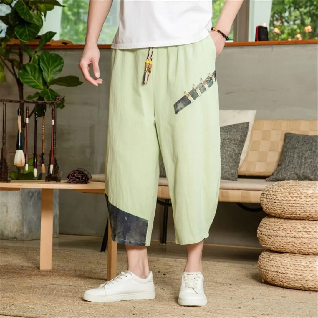 Man's Summer Baggy Trousers Harem Pants Cotton Linen Vintage Elastic Waist Casual Sweatpants