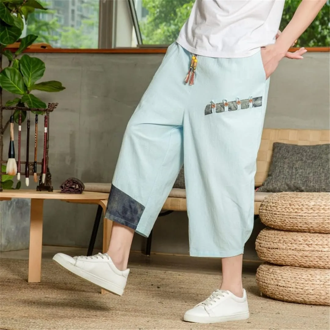 Man's Summer Baggy Trousers Harem Pants Cotton Linen Vintage Elastic Waist Casual Sweatpants