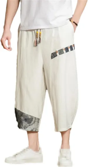 Man's Summer Baggy Trousers Harem Pants Cotton Linen Vintage Elastic Waist Casual Sweatpants