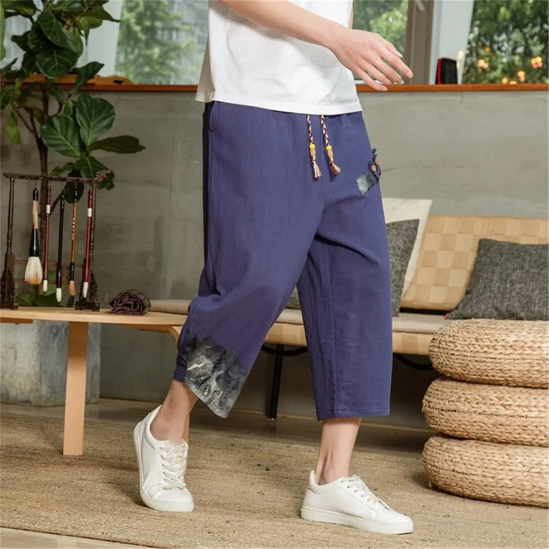 Man's Summer Baggy Trousers Harem Pants Cotton Linen Vintage Elastic Waist Casual Sweatpants