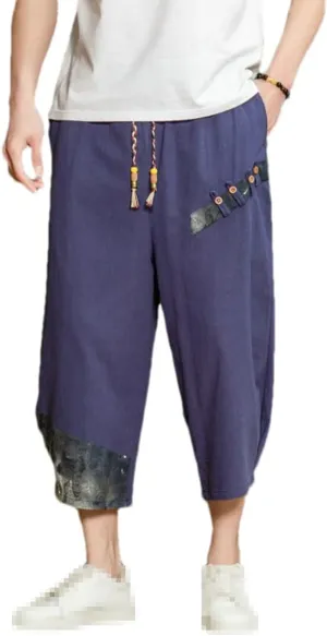 Man's Summer Baggy Trousers Harem Pants Cotton Linen Vintage Elastic Waist Casual Sweatpants