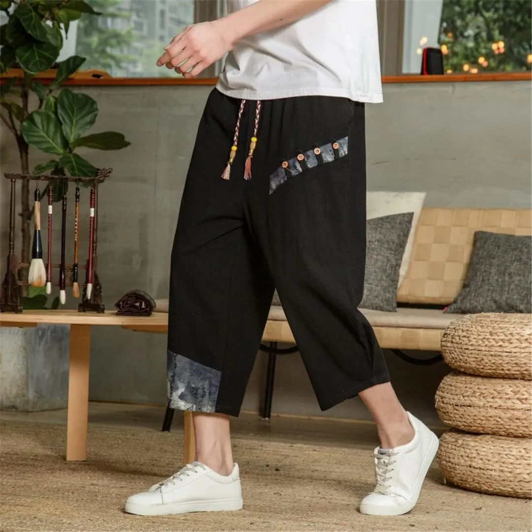 Man's Summer Baggy Trousers Harem Pants Cotton Linen Vintage Elastic Waist Casual Sweatpants
