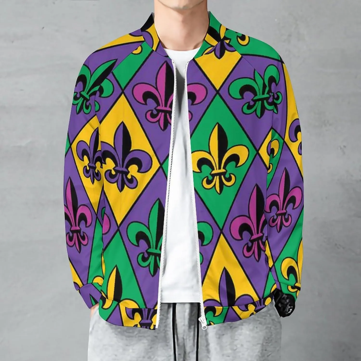 Mardi Gras Fleur De Lis Bomber Jacket Men Lightweight Causal Flight Windbreaker Track Jacket Shirt