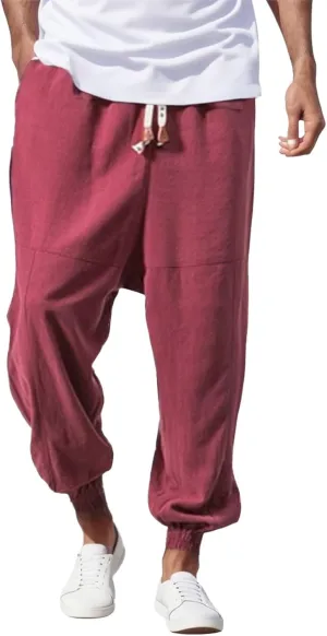 Men Casual Harem Pants Baggy Capri Pants Drawstring Elastic Waist Boho Beach Yoga Sweatpants