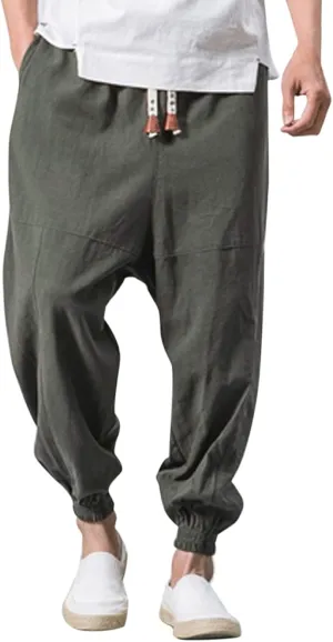 Men Casual Harem Pants Baggy Capri Pants Drawstring Elastic Waist Boho Beach Yoga Sweatpants