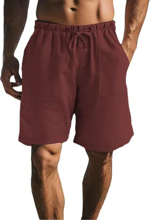 Men Casual Summer Shorts Elastic Waist Drawstring Short Pants Solid Color Straight Beach Pants with Pockets