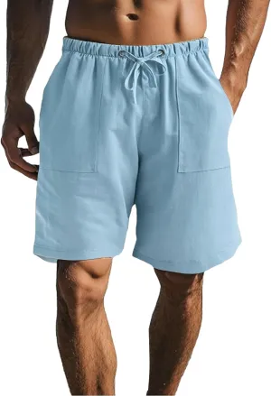 Men Casual Summer Shorts Elastic Waist Drawstring Short Pants Solid Color Straight Beach Pants with Pockets