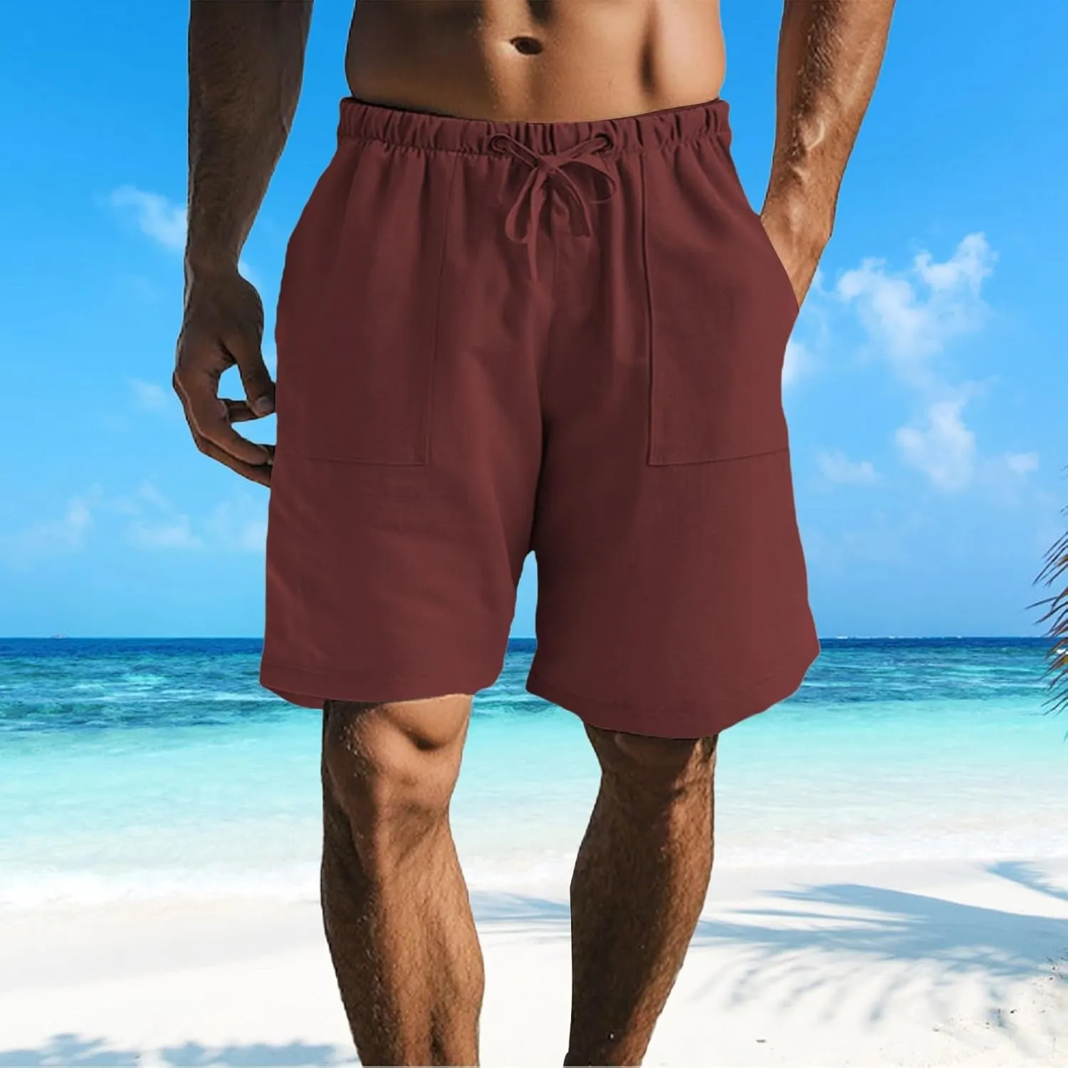 Men Casual Summer Shorts Elastic Waist Drawstring Short Pants Solid Color Straight Beach Pants with Pockets