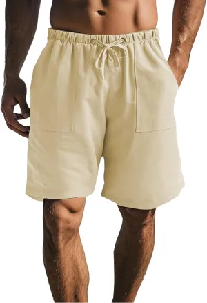 Men Casual Summer Shorts Elastic Waist Drawstring Short Pants Solid Color Straight Beach Pants with Pockets
