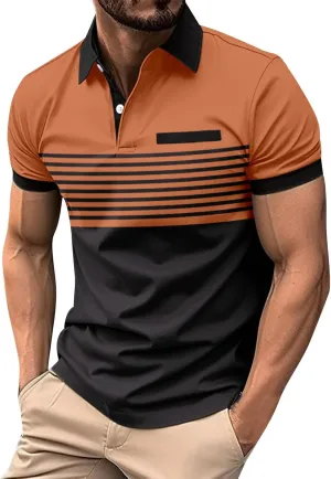 Men Fashion Color Block Polo Shirts Short Sleeve Button Lapel Tennis Golf Tshirt Casual Striped Moisture Wicking Workout Tops