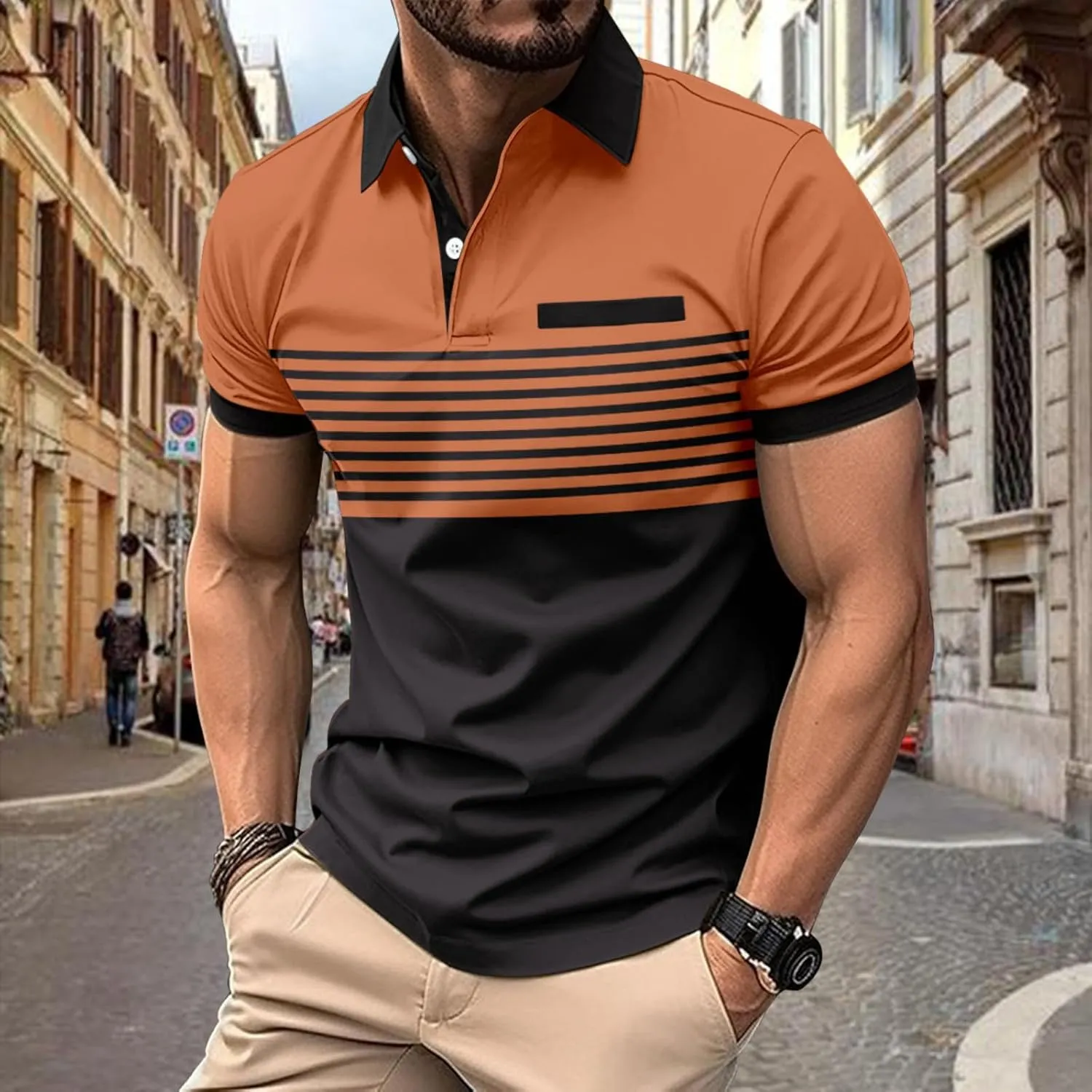 Men Fashion Color Block Polo Shirts Short Sleeve Button Lapel Tennis Golf Tshirt Casual Striped Moisture Wicking Workout Tops