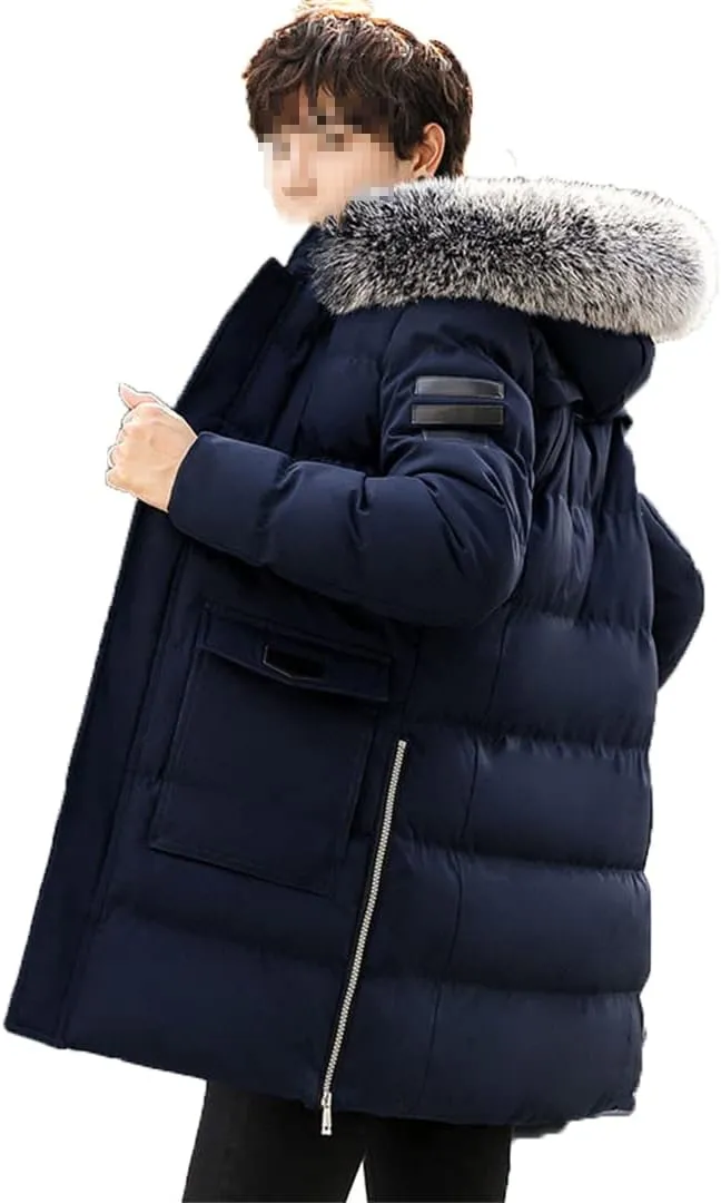Men Long Hooded Parka Jacket Winter Slim Fit Thick Warm Padded Jacket Fur Collar Zipper Cotton Coat