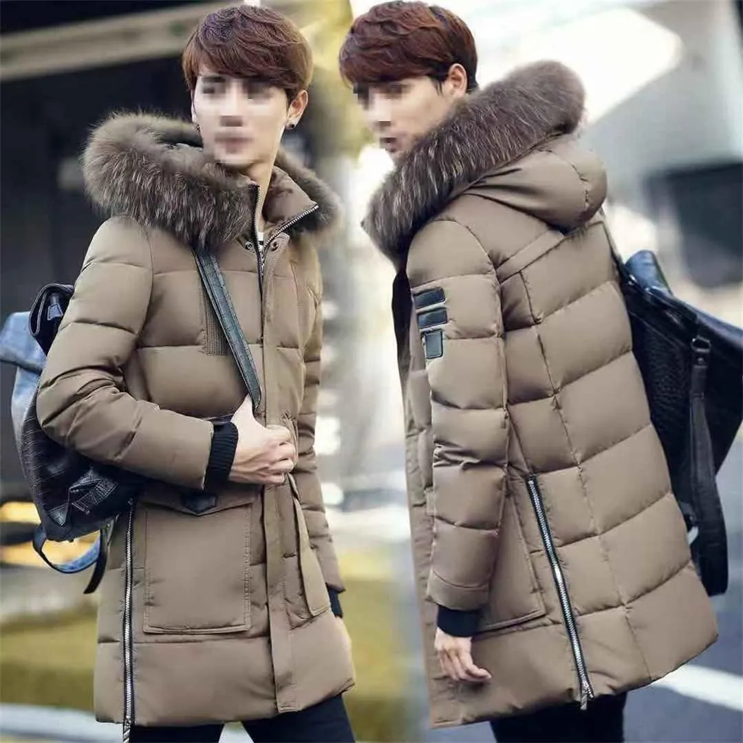Men Long Hooded Parka Jacket Winter Slim Fit Thick Warm Padded Jacket Fur Collar Zipper Cotton Coat