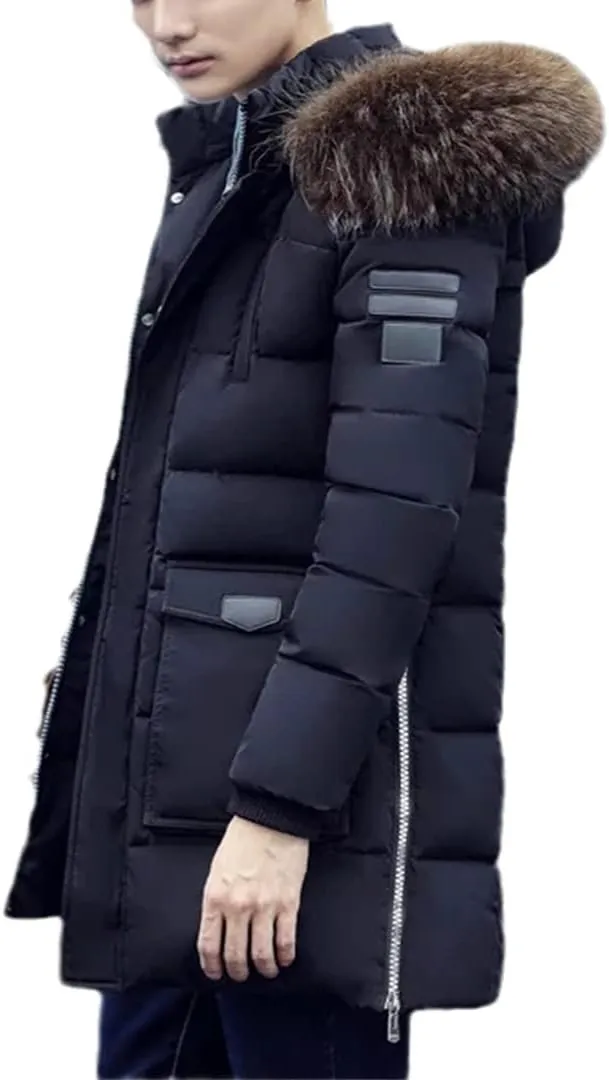 Men Long Hooded Parka Jacket Winter Slim Fit Thick Warm Padded Jacket Fur Collar Zipper Cotton Coat