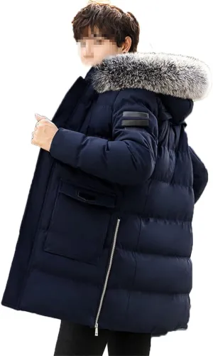 Men Long Hooded Parka Jacket Winter Slim Fit Thick Warm Padded Jacket Fur Collar Zipper Cotton Coat