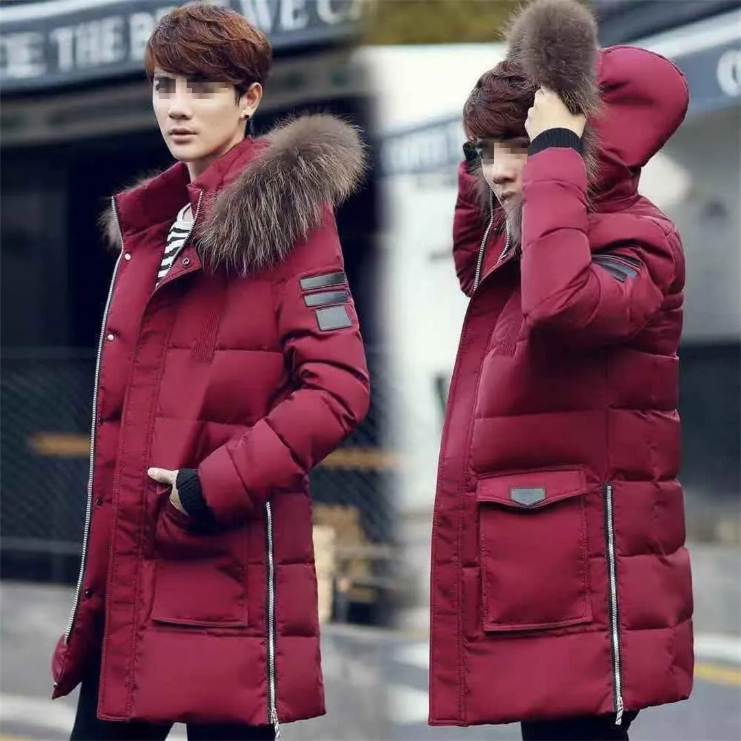 Men Long Hooded Parka Jacket Winter Slim Fit Thick Warm Padded Jacket Fur Collar Zipper Cotton Coat