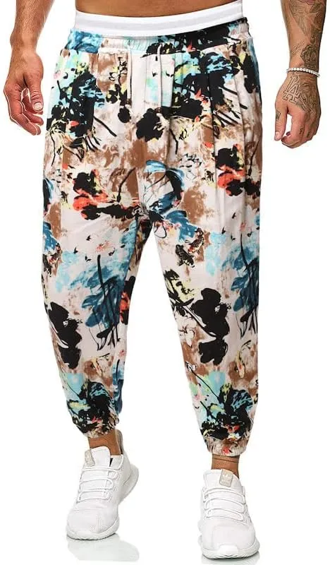 Men Print Harem Pants Summer Cool Street Elastic Waist Loose Oversized Trousers