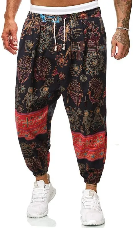 Men Print Harem Pants Summer Cool Street Elastic Waist Loose Oversized Trousers