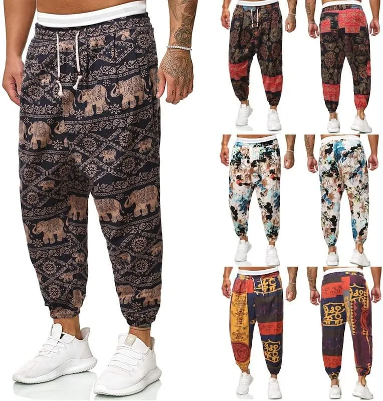 Men Print Harem Pants Summer Cool Street Elastic Waist Loose Oversized Trousers