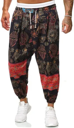 Men Print Harem Pants Summer Cool Street Elastic Waist Loose Oversized Trousers