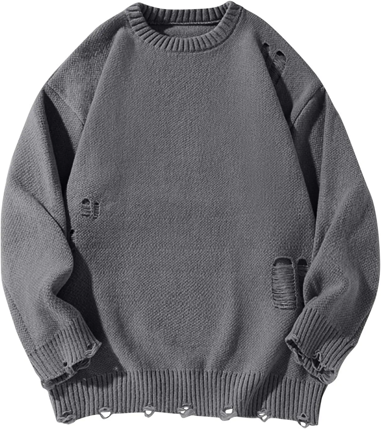Men Stylish Ripped Sweater Pullover Oversized Long Sleeve Distressed Knit Jumpers Tops Winter Casual Party Knitwear