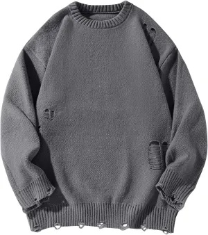Men Stylish Ripped Sweater Pullover Oversized Long Sleeve Distressed Knit Jumpers Tops Winter Casual Party Knitwear