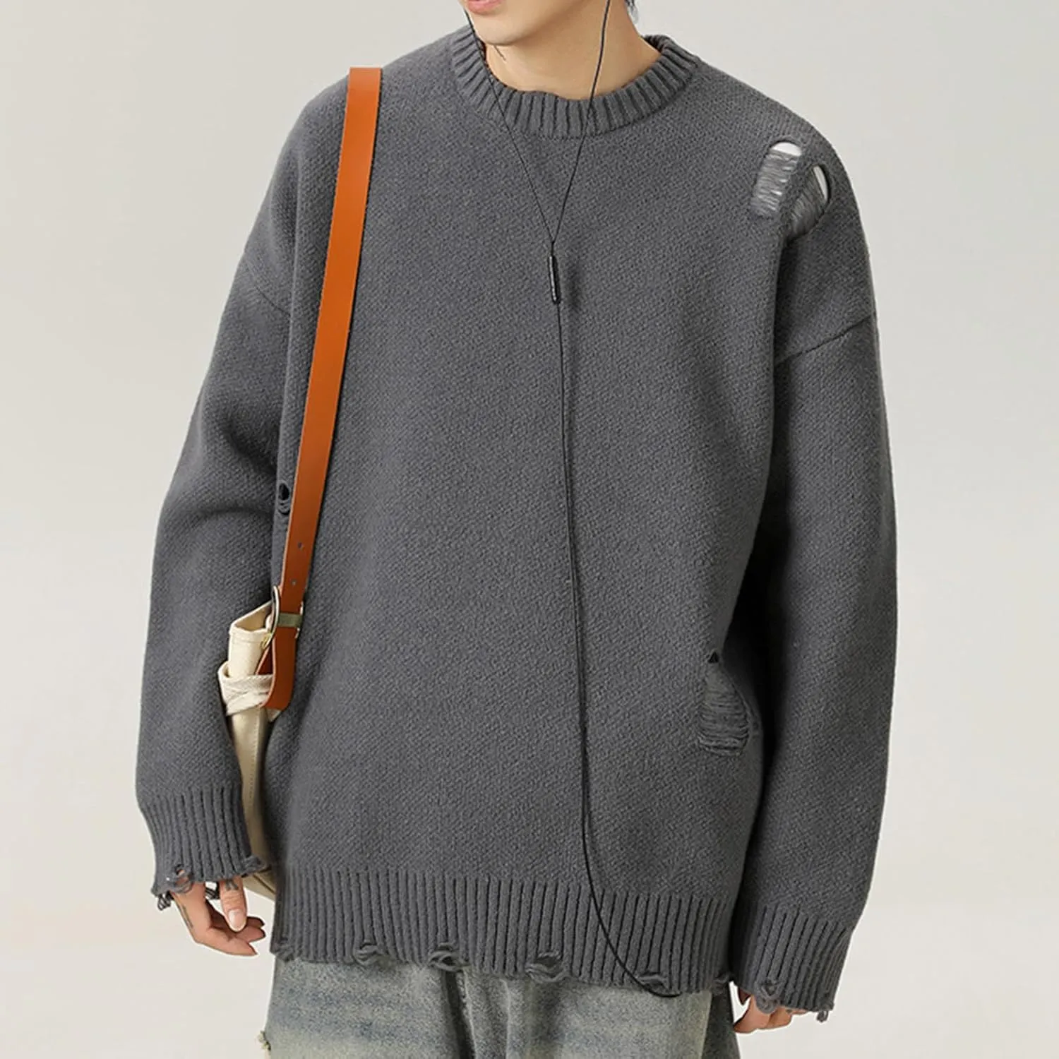 Men Stylish Ripped Sweater Pullover Oversized Long Sleeve Distressed Knit Jumpers Tops Winter Casual Party Knitwear