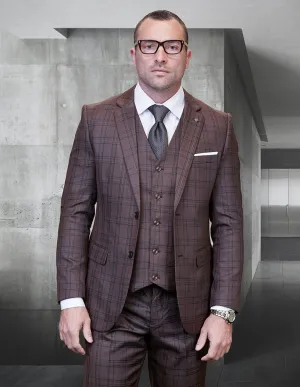 Men’s 3pc Solid Suit Tailored Fit Flat Front Pants Super 150’s Prime Fabric | STZV-300BG-Brown