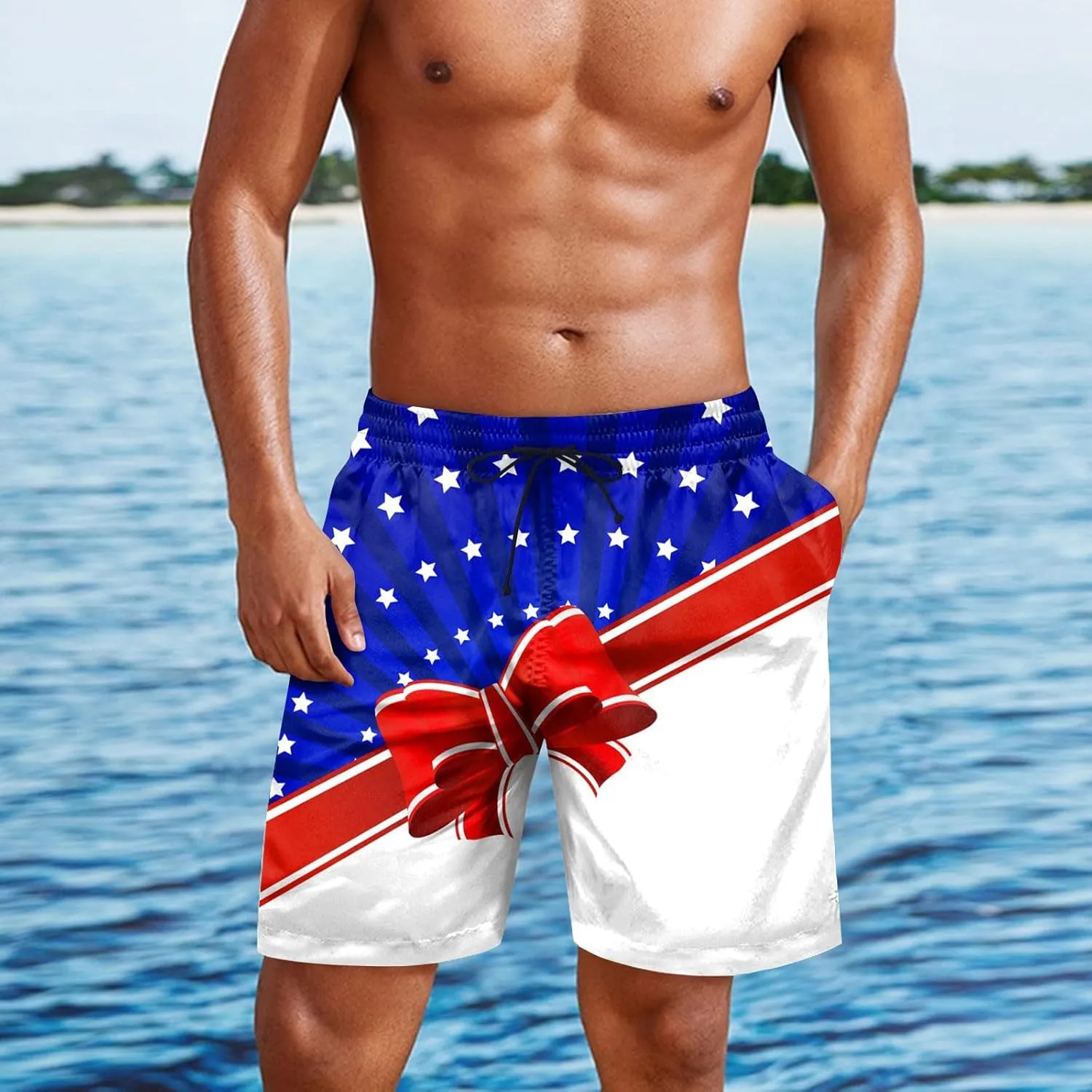 Mens 4th of July Swim Trunks Casual USA Shorts Ripstop Festival Quick Dry Trunks Lightweight Mens Swim Shorts Hiking