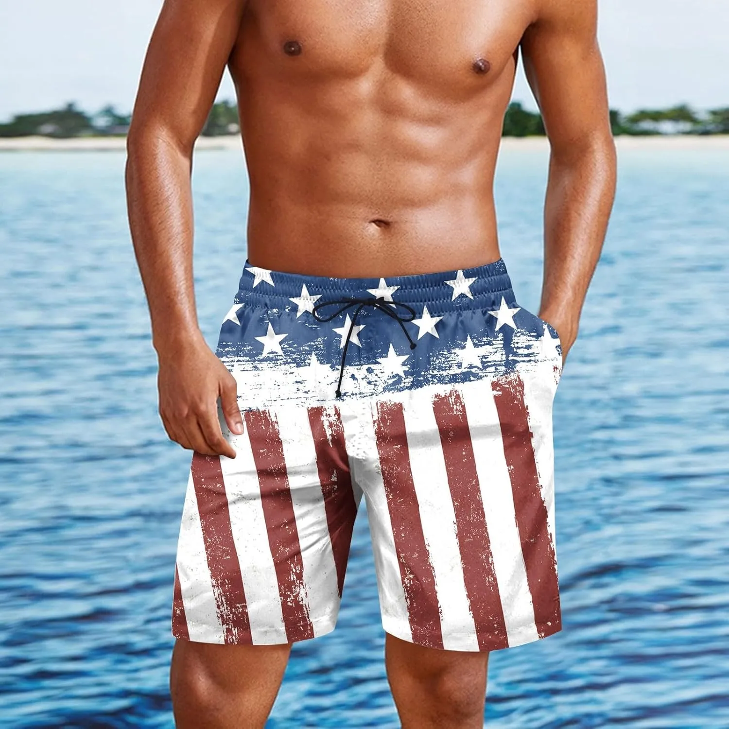Mens 4th of July Swim Trunks Casual USA Shorts Ripstop Festival Quick Dry Trunks Lightweight Mens Swim Shorts Hiking