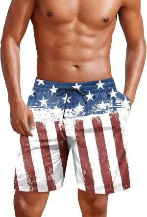 Mens 4th of July Swim Trunks Casual USA Shorts Ripstop Festival Quick Dry Trunks Lightweight Mens Swim Shorts Hiking