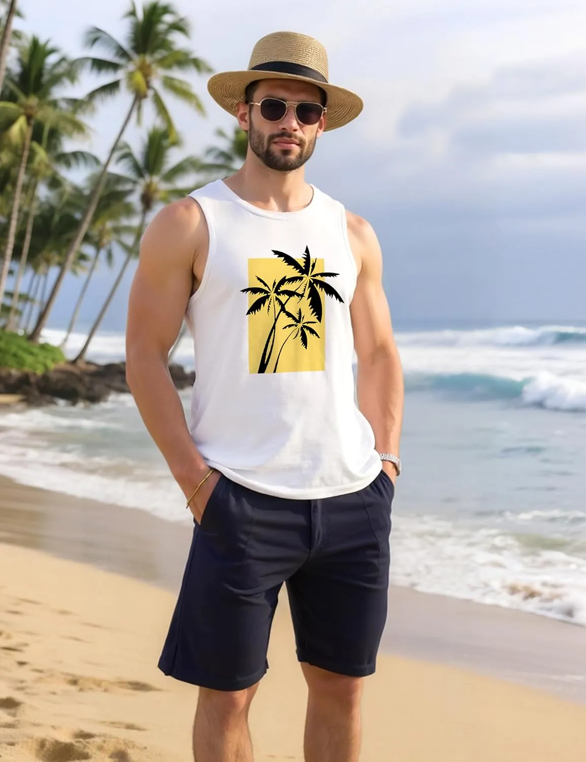 Mens Beach Tank Tops Summer Hawaii Vacation Graphic Muscle Palm Tree Sleeveless Shirts