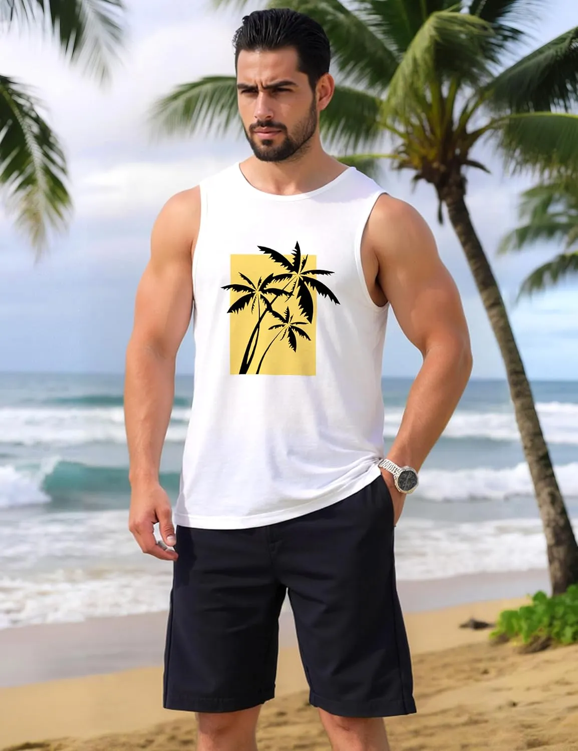 Mens Beach Tank Tops Summer Hawaii Vacation Graphic Muscle Palm Tree Sleeveless Shirts
