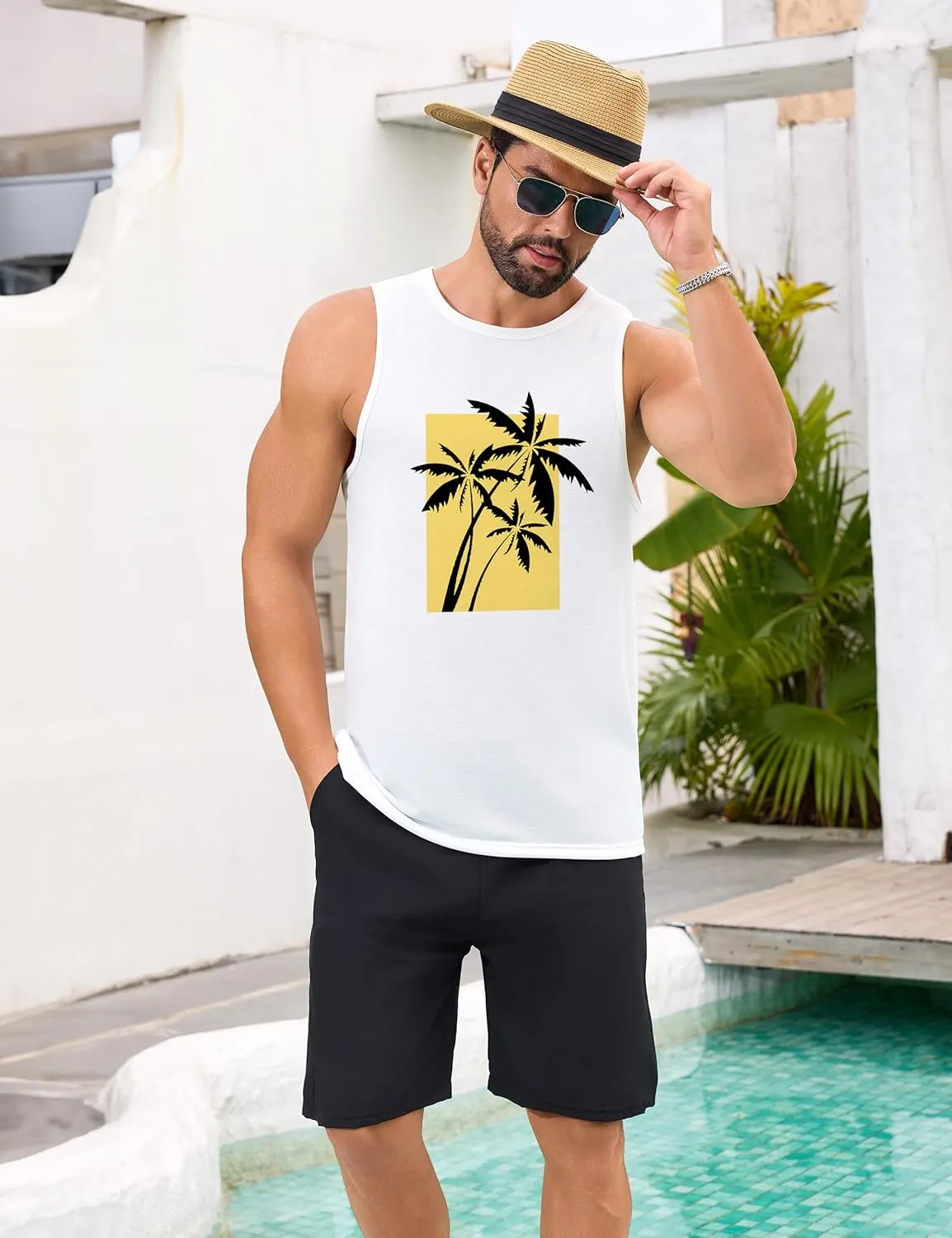 Mens Beach Tank Tops Summer Hawaii Vacation Graphic Muscle Palm Tree Sleeveless Shirts