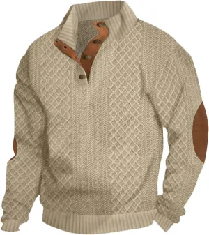 Mens Button Vintage Sweatshirt Corduroy Long Sleeve Stand Collar Loose Fit Pullover Solid Color Classic Sweater