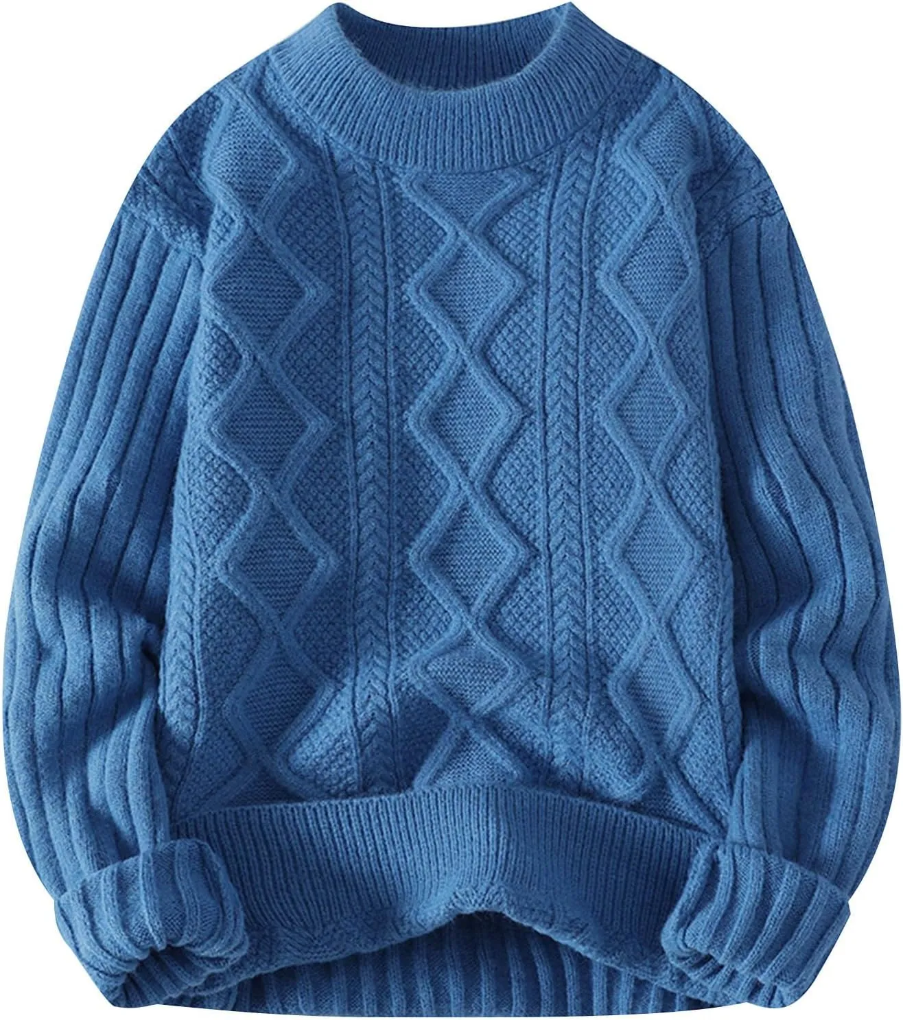 Mens Cable Knit Sweater Plus Size Knitted Chunky Pullover Loose Crewneck Sweater Winter Thermal Long Sleeve Knitwear