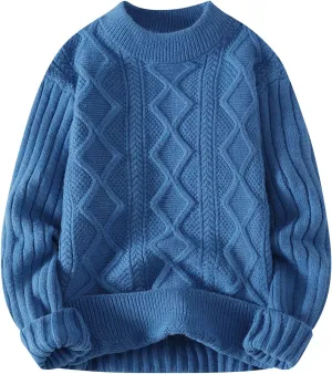 Mens Cable Knit Sweater Plus Size Knitted Chunky Pullover Loose Crewneck Sweater Winter Thermal Long Sleeve Knitwear