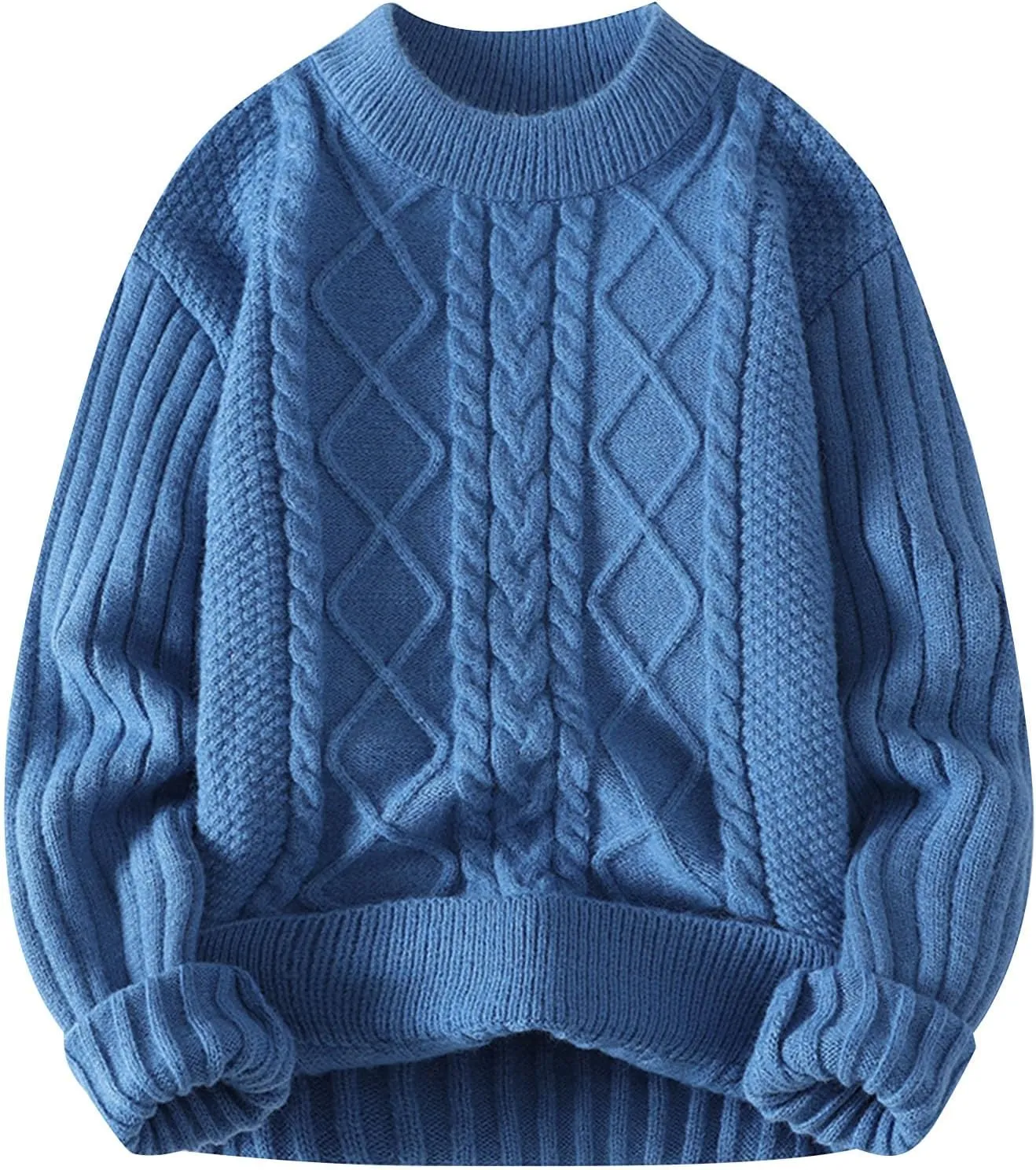 Mens Cable Knit Sweater Plus Size Knitted Chunky Pullover Loose Crewneck Sweater Winter Thermal Long Sleeve Knitwear