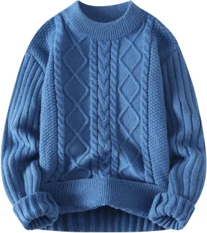Mens Cable Knit Sweater Plus Size Knitted Chunky Pullover Loose Crewneck Sweater Winter Thermal Long Sleeve Knitwear